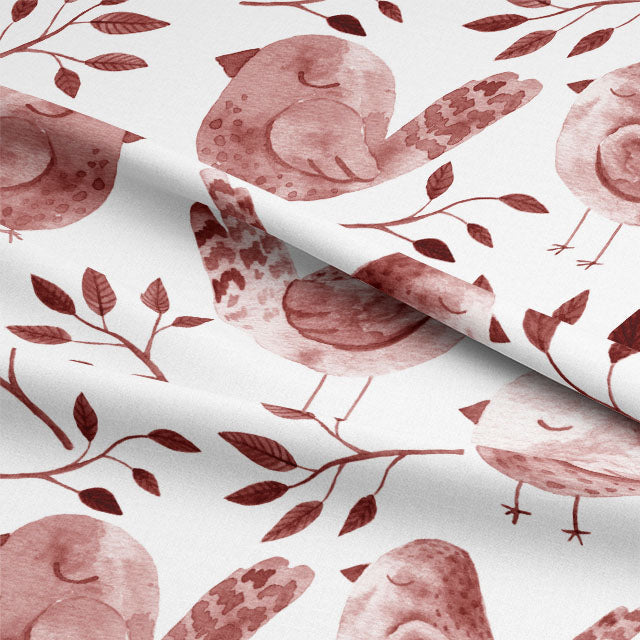 High-quality cotton curtain fabric with a beautiful plum color and bird designs