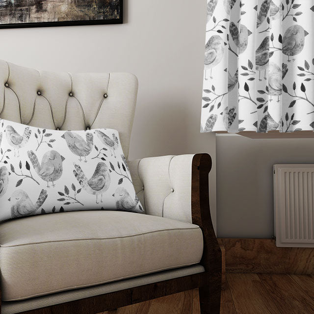Elegant and stylish cotton curtain fabric featuring sleeping birds in a calming slate color