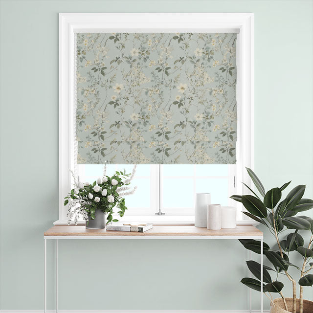 Aqua Linen Curtain Fabric with delicate floral design for a fresh, spring look