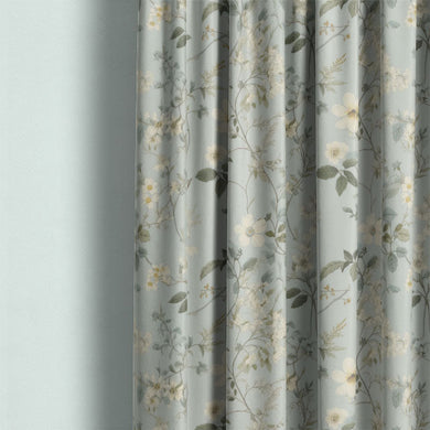This image showcases the Spring Bloome Linen Curtain Fabric - Aqua, a soft and luxurious fabric that drapes beautifully and brings a calming, natural element to any space