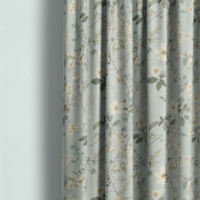  This image showcases the Spring Bloome Linen Curtain Fabric - Aqua, a soft and luxurious fabric that drapes beautifully and brings a calming, natural element to any space