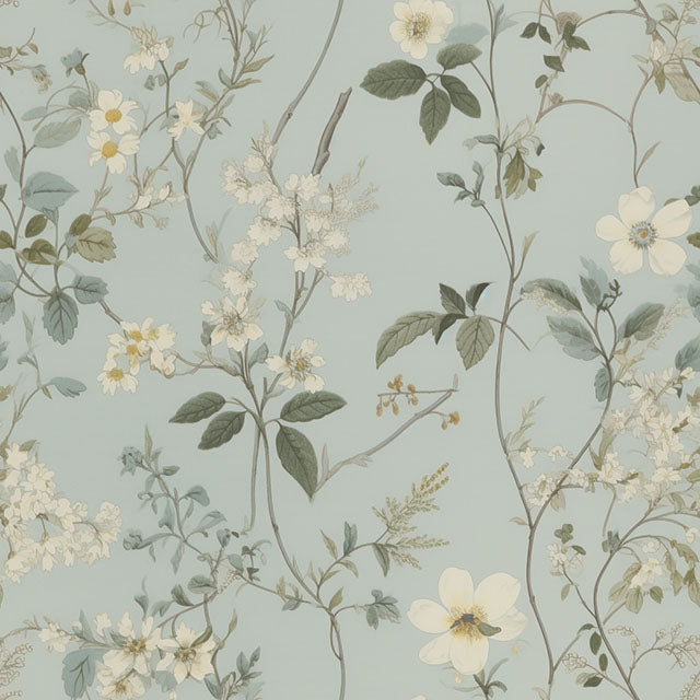 Spring Bloome Linen Curtain Fabric - Aqua, a light and airy fabric with a delicate aqua floral pattern, perfect for adding a touch of spring to any room