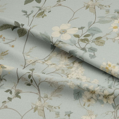 Close-up of Spring Bloome Linen Curtain Fabric - Aqua's intricate floral pattern