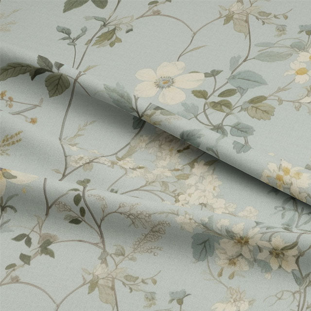 Close-up of Spring Bloome Linen Curtain Fabric - Aqua's intricate floral pattern