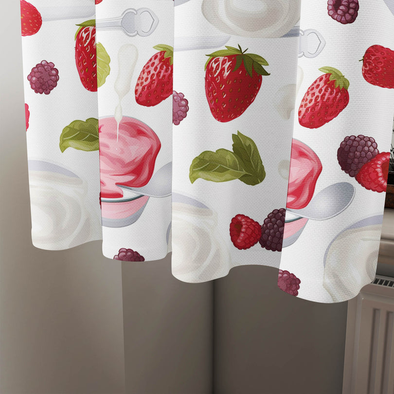 High-quality cotton fabric for curtains, featuring a charming strawberries and cream design