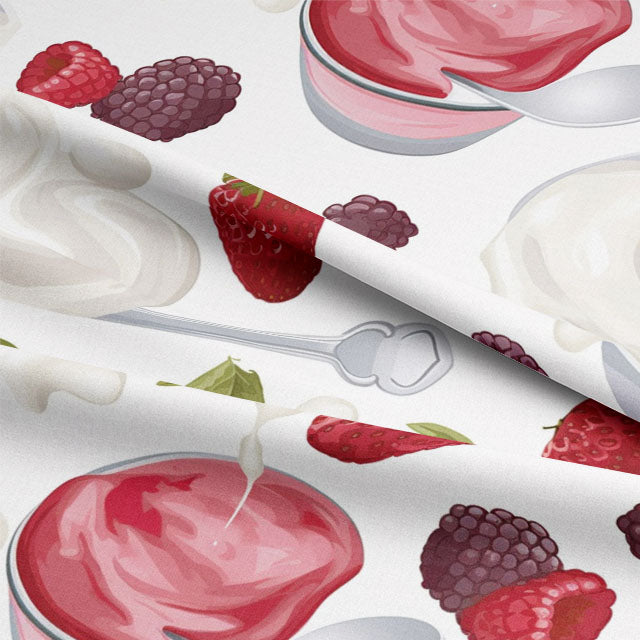 Beautiful strawberries and cream cotton curtain fabric in a crisp, clean white color