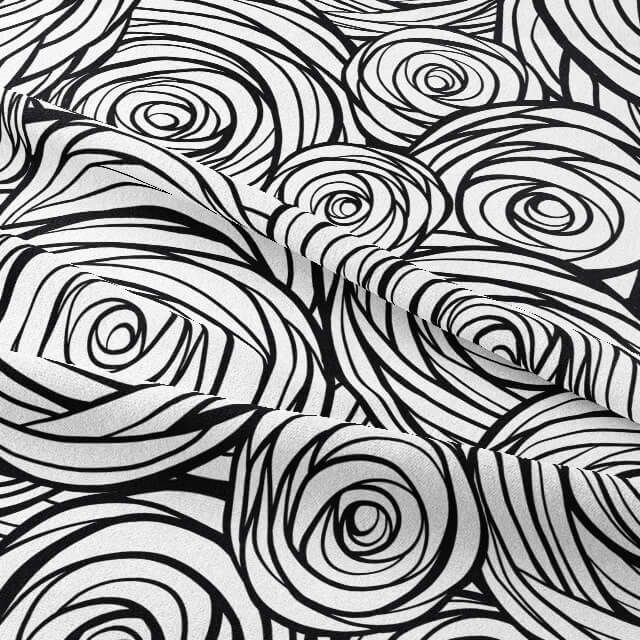 Textured cotton fabric with swirling black and white pattern for curtains