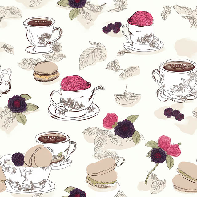 Tea For Two Cotton Curtain Fabric in White, perfect for a cozy and elegant living room decor