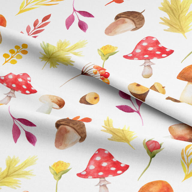Detailed image of Toadstool Cotton Curtain Fabric - Red, showcasing its rich red hue and intricate toadstool pattern