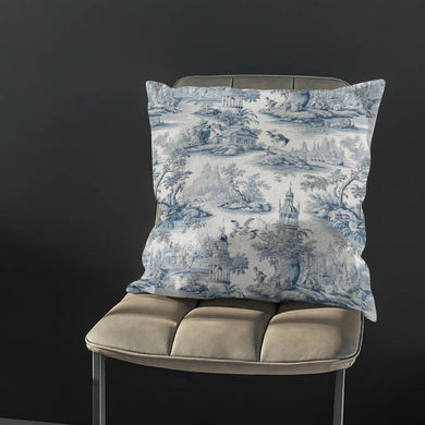 Troyes Toile Linen Curtain Fabric in Blue draping luxuriously on a window, creating a serene and inviting atmosphere