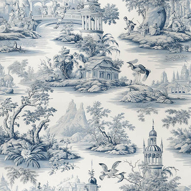 Troyes Toile Linen Curtain Fabric in Blue, a beautiful and durable choice for window treatments