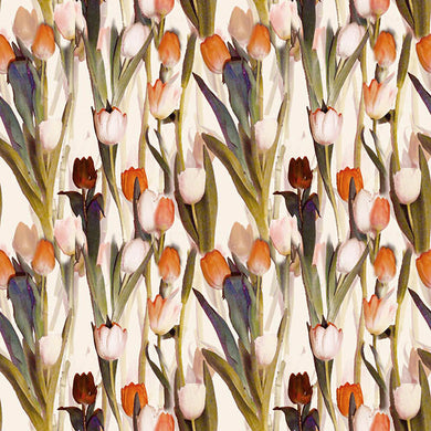 Tulips Linen Curtain Fabric in Orange with Floral Pattern and Textured Finish