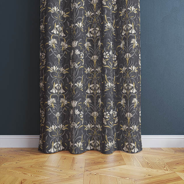 Vanessa Cotton Curtain Fabric - Charcoal being used to create elegant drapery