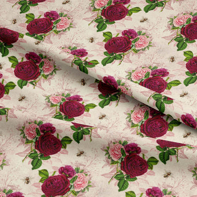 Close-up of Vintage Peony Cotton Curtain Fabric - Wine, showcasing its intricate floral design and rich wine color