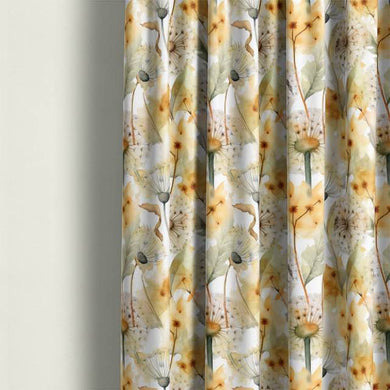 Dandelion Linen Curtain Fabric - Ochre hanging elegantly in a cozy bedroom with soft natural light