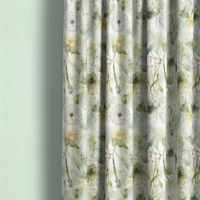 Soft and flowing Dandelion Linen Curtain Fabric - Sage in a peaceful bedroom