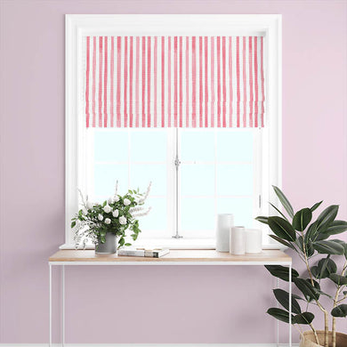 Red watercolour stripe cotton fabric draping elegantly as curtains
