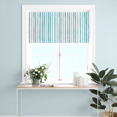 Sea Green Watercolour Stripe Cotton Curtain Fabric Hanging in a Well-lit Room with Natural Sunlight