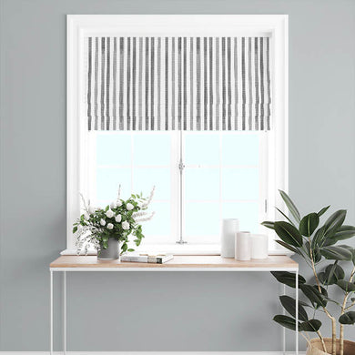Watercolour Stripe Cotton Curtain Fabric hanging on a window in Slate