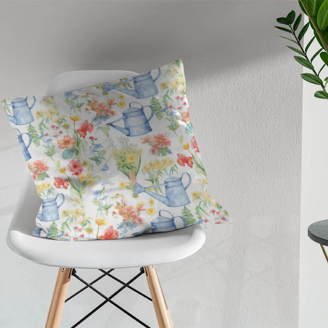 Blue cotton fabric featuring charming watering cans design for curtains