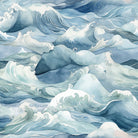 Waves Cotton Curtain Fabric - Blue drapes hanging in a sunlit room, highlighting the intricate wave pattern and smooth, soft texture