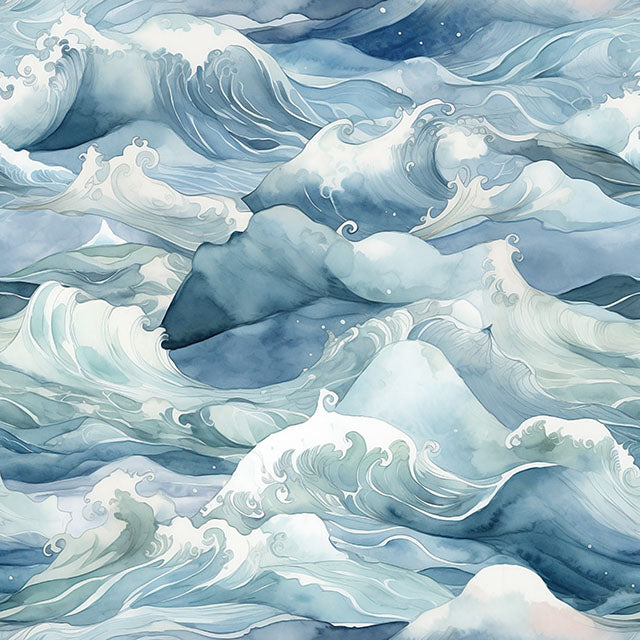 Waves Cotton Curtain Fabric - Blue drapes hanging in a sunlit room, highlighting the intricate wave pattern and smooth, soft texture