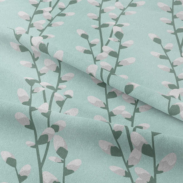 Close up of Willow Linen Curtain Fabric in Duck Egg Blue, showing its texture and color