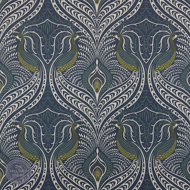 Deco Peacock Navy - Navy bird fabric for curtains uk