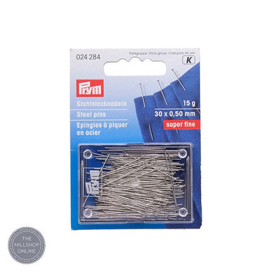 A close-up image of Prym Hard Steel Pins, a high-quality sewing accessory designed for heavy fabrics and professional use
