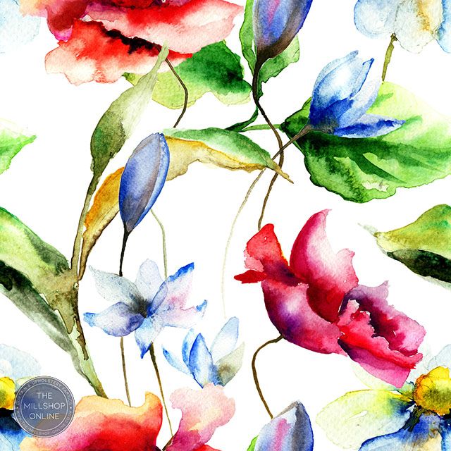 Flower Meadow White - Red Poppies on white background fabric for sale