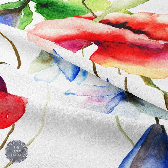 Flower Meadow White - Red and blue flowers fabric for curtain making