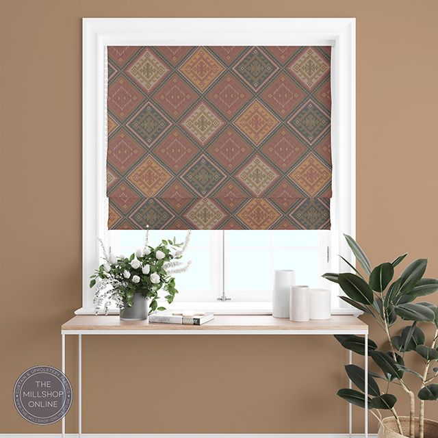 Kilim Russet - Red Kilim design curtain fabric for sale
