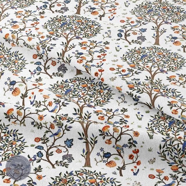 Life Tree White - White birds in trees design curtain fabric for sale uk
