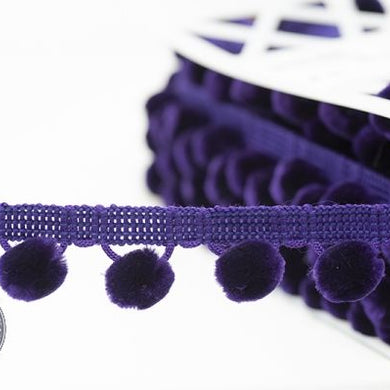 Vibrant purple pom pom trim, perfect for adding a playful touch to clothing, home decor, and craft projects