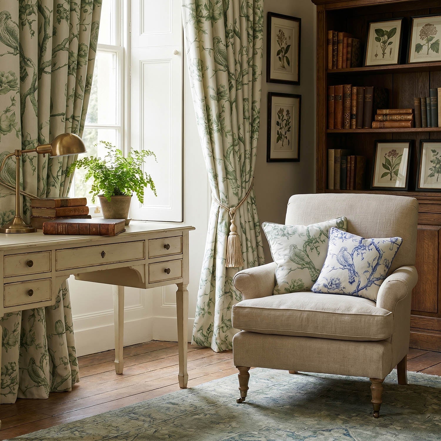 Patterned curtain fabric with floral, leaf, striped and art deco interiors inspiration