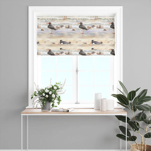 Bird Roman blind fabric with perched birds and floral branches in a light linen weave