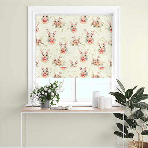 Children’s curtain fabric with playful animal and leaf motifs on a soft linen blend, used as a made-to-measure shade