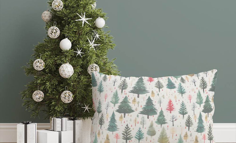 Festive Christmas made to measure curtain fabric with colourful tree design in a cosy living room setting
