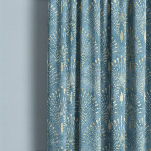 Aqua blue linen-blend curtain fabric panel lightly draped in a tranquil coastal room