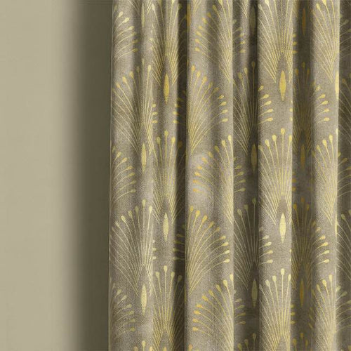 Gold-toned linen-blend curtain fabric draping gracefully in a softly lit living space