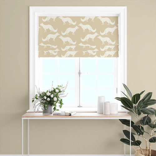 Cream Roman blind fabric with fox motif design styled in a modern neutral kitchen