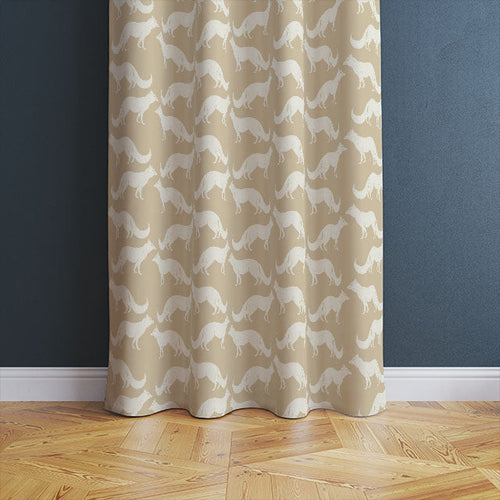 Cream curtain fabric with dog motif design in a modern living room interior
