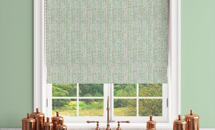 Green linen-blend fabric used for made-to-measure Roman blinds in soft sage and forest tones