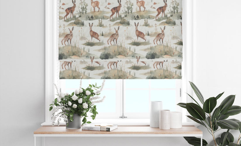 Roman blind in country-style deer and woodland print fabric for a rustic interior