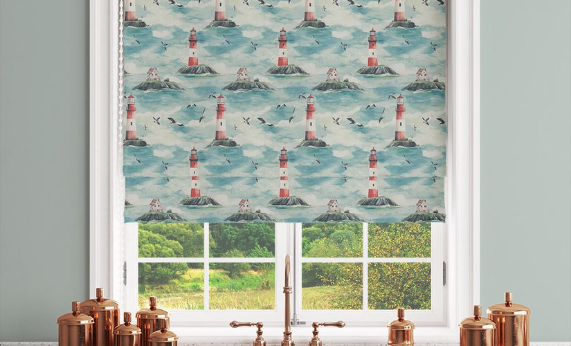Children’s Roman blind fabric in a colourful, playful pattern, styled as a fitted blind in a modern kids’ bedroom.