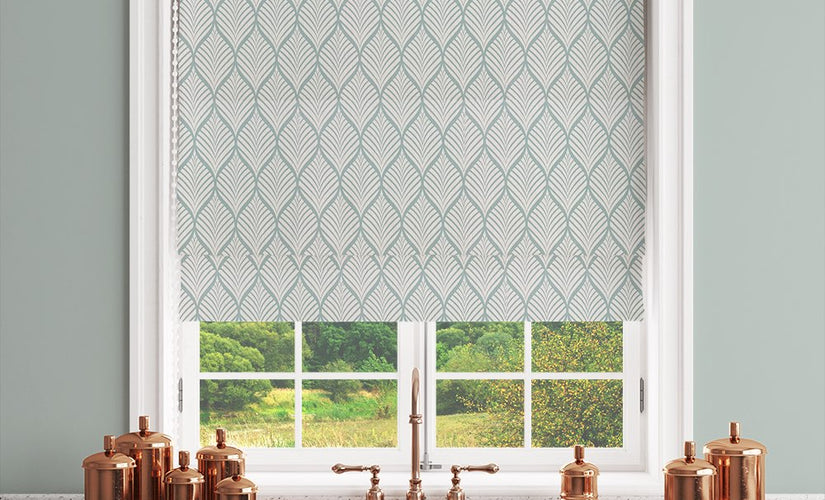 Duck egg patterned Roman blind fabric in kitchen window – soft pastel blind fabric by the metre