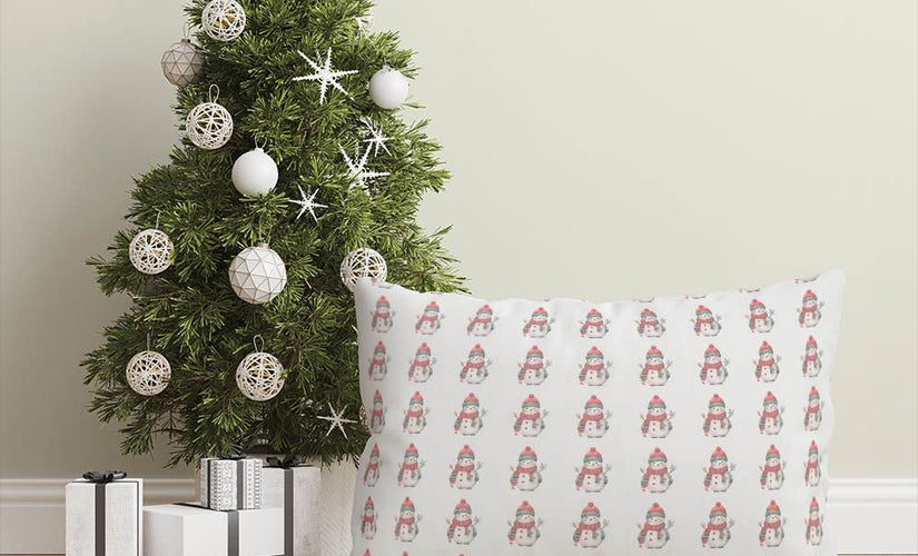 Christmas curtain fabric with snowflakes, holly, and tartan plaid in festive linen-blend material