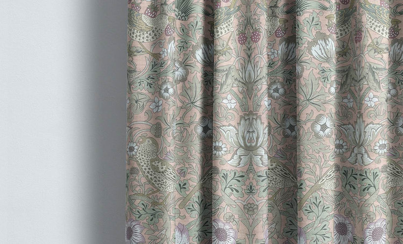 Gold made to measure curtains with patterned floral and bird design – luxury bespoke curtains