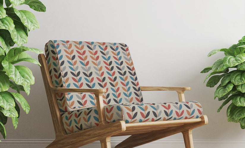 Printed UK upholstery fabrics in floral, stripe and plain designs, sold by the metre.