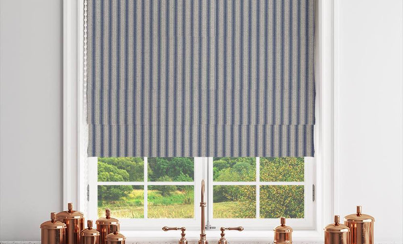 Blue denim striped Roman blind fabric in kitchen setting